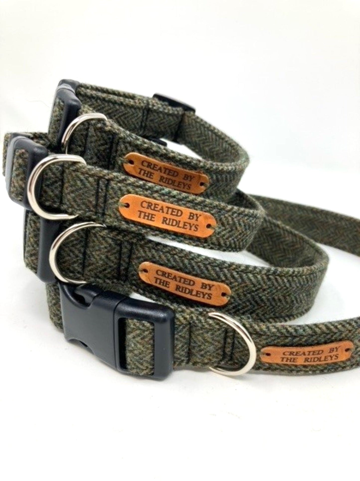Handmade Moss Herringbone Tweed Dog Collar collection by Created By The Ridleys, featuring durable materials and stylish designs.
