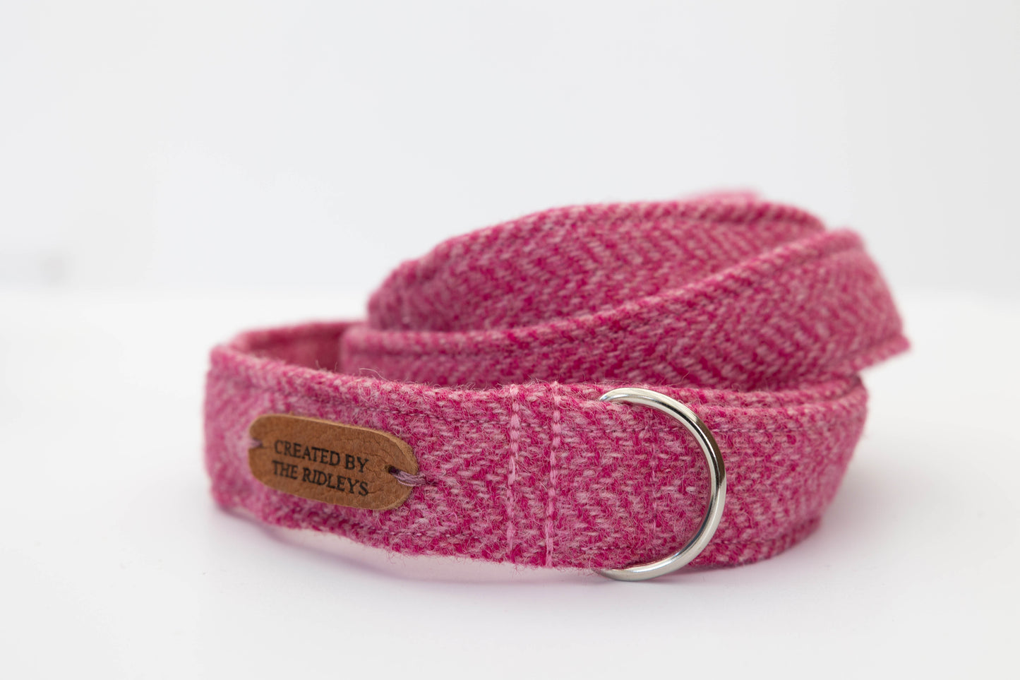 pink herringbone tweed dog lead created by the ridleys