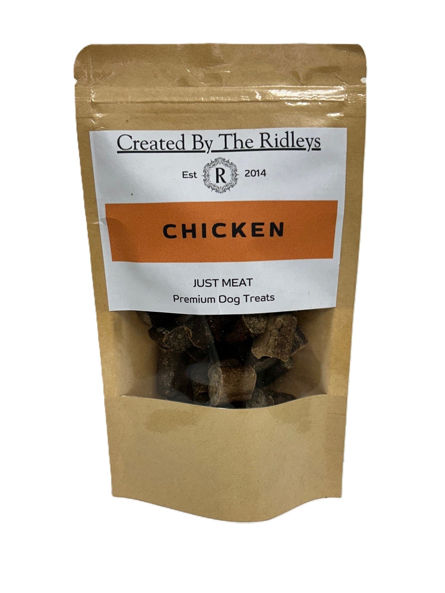 Kraft paper packaging of chicken dog treats with a visible brand label on a white background