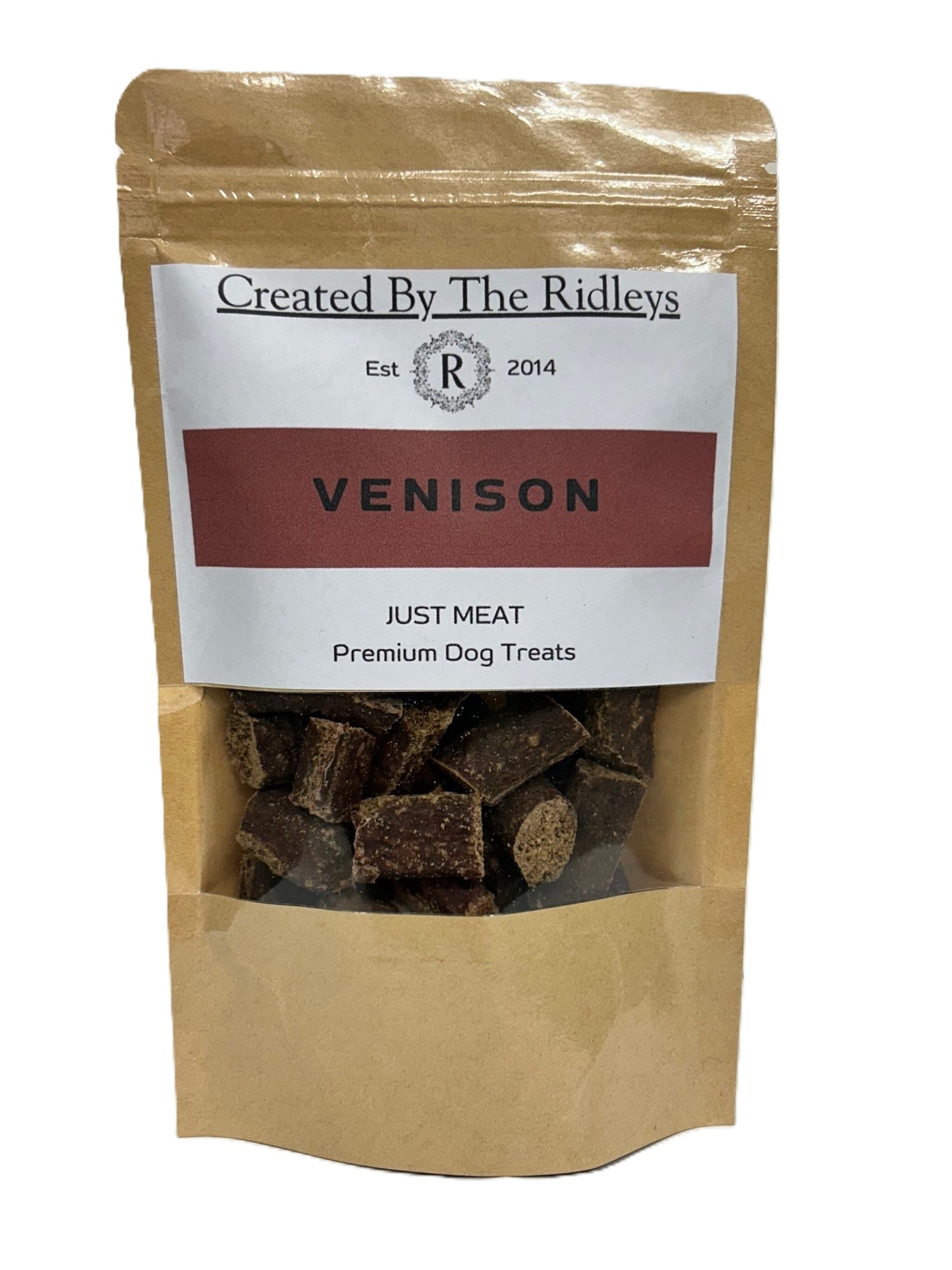 Bag of venison dog treats labeled 'Created By The Ridleys' on a white background