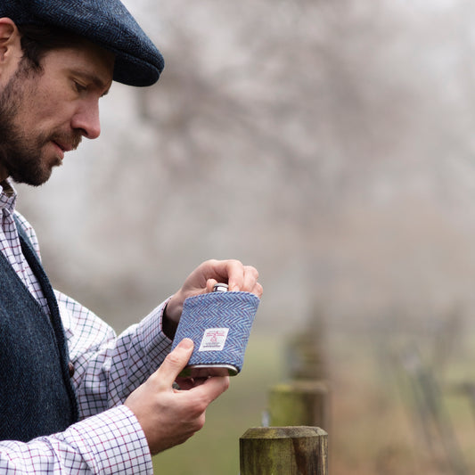 Personalised Hip Flask 6oz With Harris Tweed Wrap