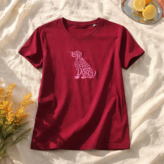 Deep Red Embroidered “Life is Better with Dogs” T-Shirt