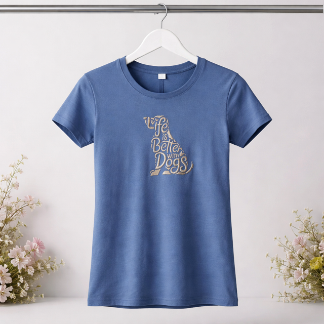 Blue embroidered "Life is Better with Dogs" t-shirt - front view