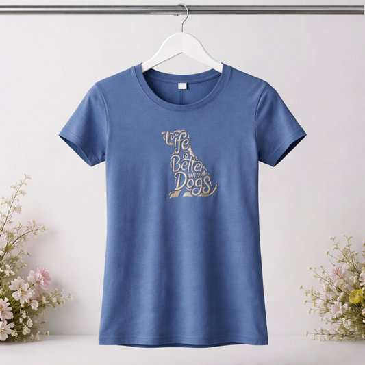 Blue Embroidered “Life is Better with Dogs” T-Shirt
