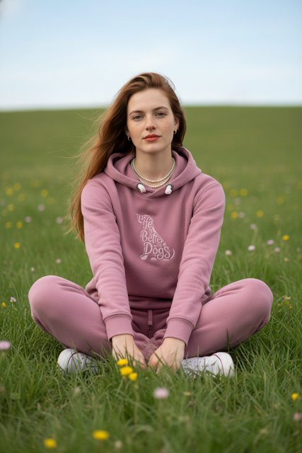 Woman in pink hoodie and pants sitting on grass with flowers