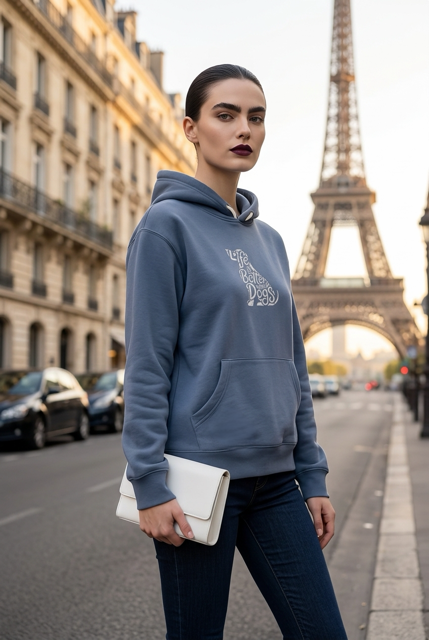 woman walking on the streets of Paris with the Eiffel Tower in the background wearing a blue hoodie
