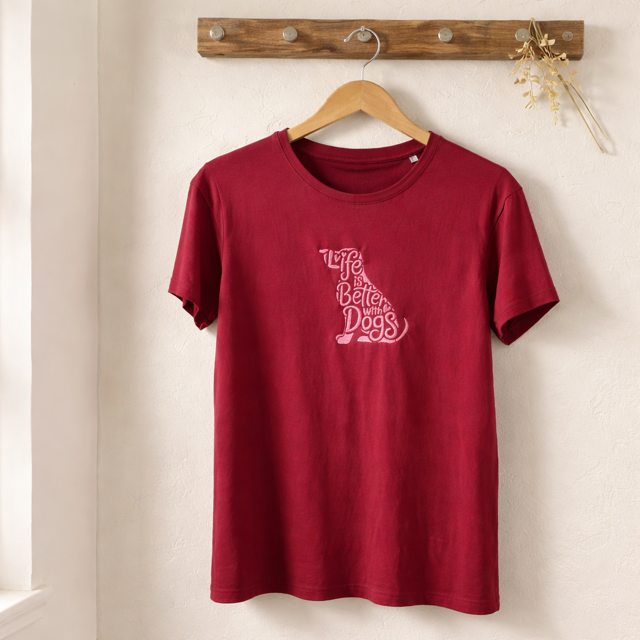 Deep red dog lover t-shirt with embroidered slogan - detail view