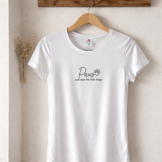 "Paws and Enjoy the Little Things" embroidered t-shirt - side view