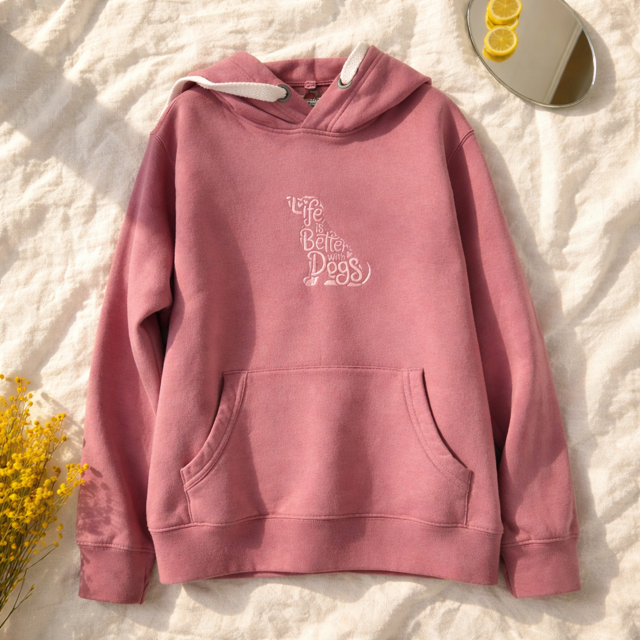 Pink hoodie with 'Life is better with dogs' text on a textured surface with flowers and a mirror.