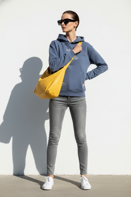 Woman standing against a white wall wearing a blue hoodie and sun glasses with a yellow bag across her shoulder