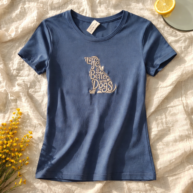 "Life is Better with Dogs" embroidered t-shirt in blue - side view