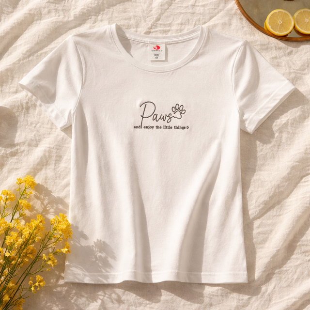 White embroidered dog slogan t-shirt - lifestyle shot
