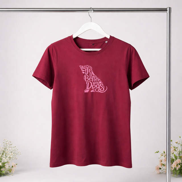 "Life is Better with Dogs" embroidered t-shirt in deep red - side view