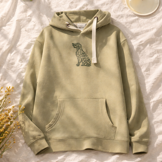 Green hoodie with text on a textured white surface