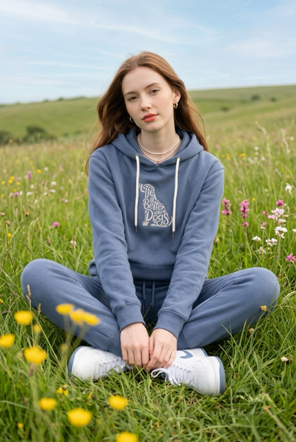Lady sitting in a field with her legs crossed wearing a blue hoodie