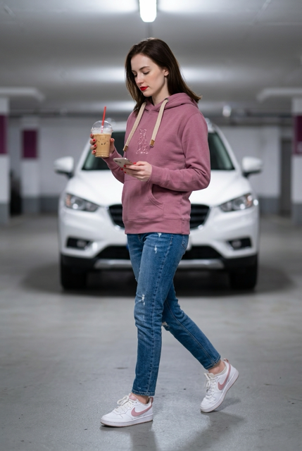 Woman in a pink hoodie and blue jeans walking in a parking garage, holding a drink and phone.