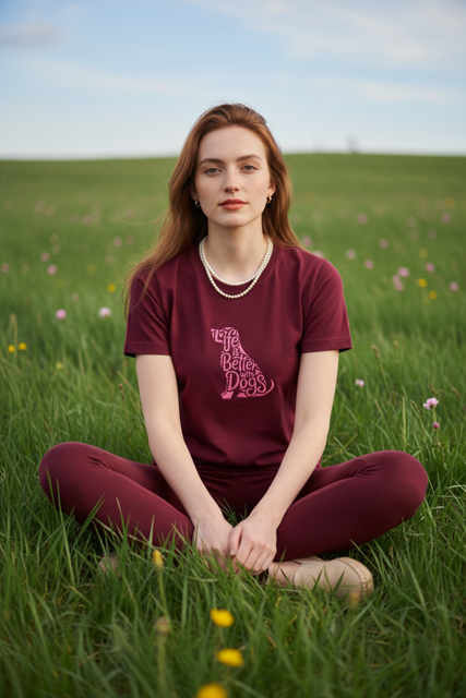 Deep red dog slogan t-shirt - lifestyle shot