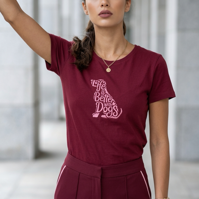 Embroidered dog lover t-shirt in deep red - back view