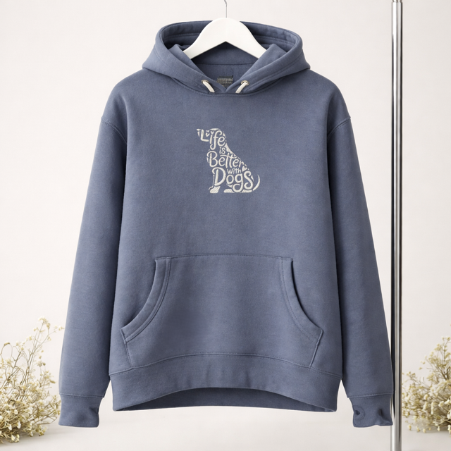 Blue Hoodie against a white wall embroidered with Life is Better with Dogs