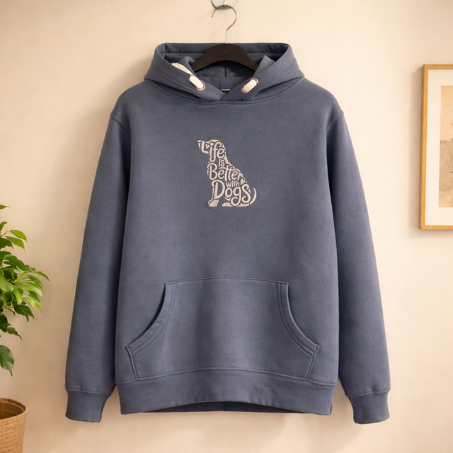 Blue hoodie with 'Life is better with dogs' text on a beige wall