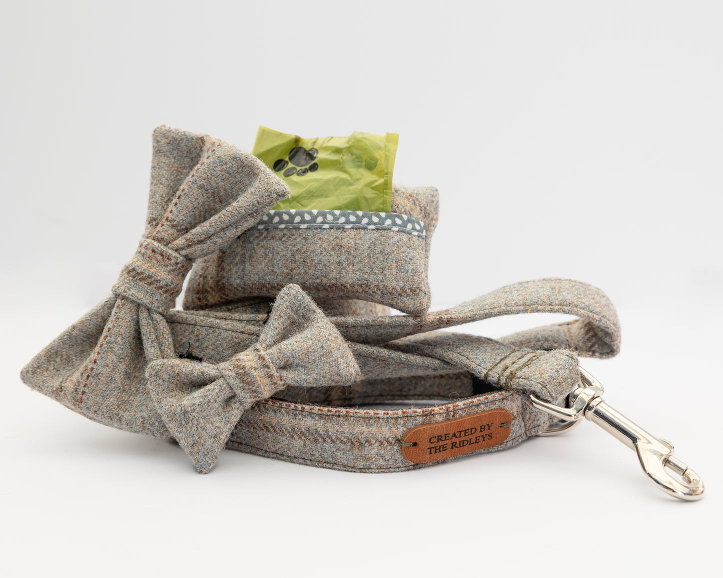 Grey Collar, Lead, Bow Tie and Poo Bag Holder Set
