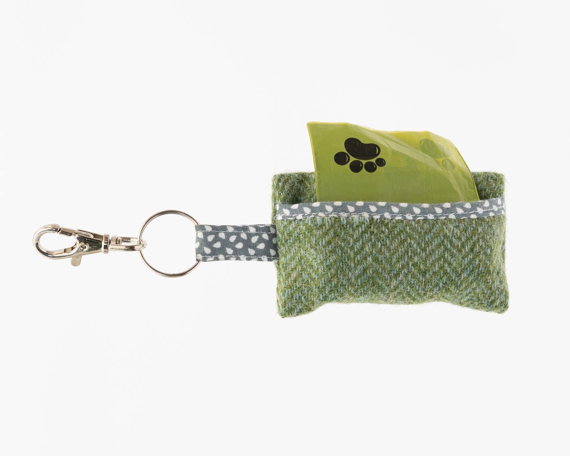 Green fabric pouch with keychain clip on a white background