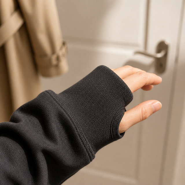 Thumb hole feature on hoodie