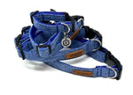 Multiple Handmade Blue Herringbone Tweed Dog Collars arranged, featuring contoured buckles and branded tags, crafted by Created By The Ridleys for stylish pet accessories.