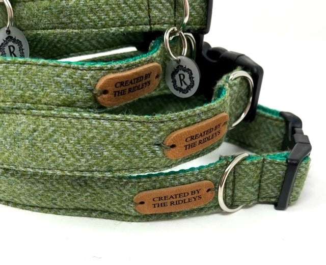 Handmade Green Herringbone Tweed Dog Collar by Created By The Ridleys showing durable design with contoured side release buckle and welded nickel D ring for tags and leads.