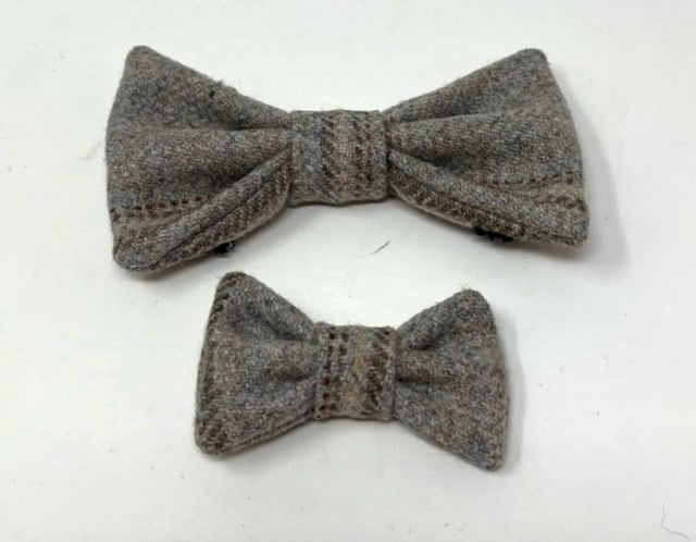 Stylish Handmade Grey Tweed Dog Bow Tie by Created By The Ridleys, featuring a classic British herringbone design, available in two sizes for pets.