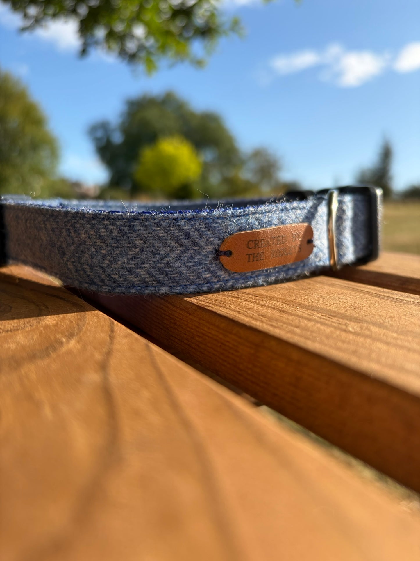 Durable Blue Tweed Dog Collar - Handmade Herringbone Design with Contoured Buckle, Multiple Sizes