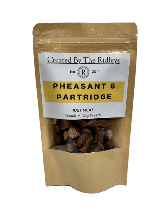 Kraft paper packaging of pheasant and partridge dog treats with a white label.