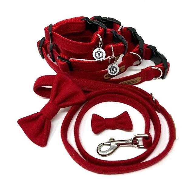 Complete dog accessory set featuring handmade red tweed dog collar, matching bow ties, and leads by The Ridleys.