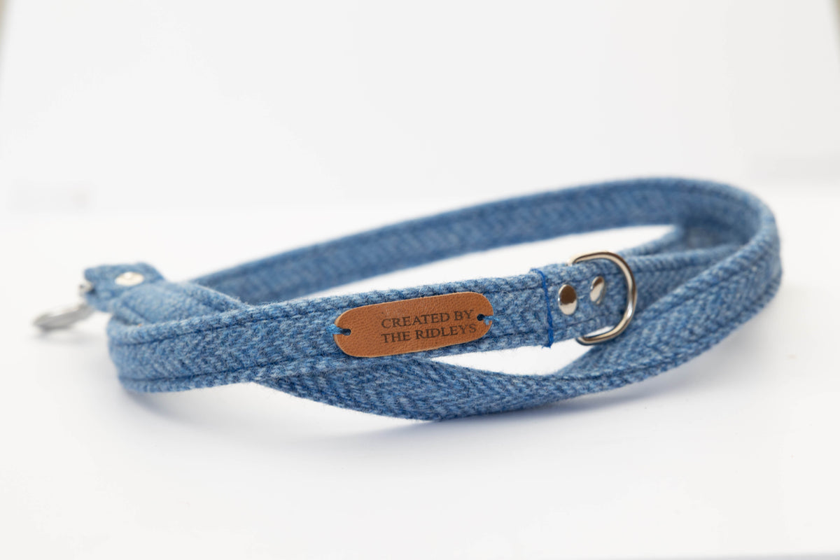 Blue herringbone yorkshire tweed dog lead created by the ridleys
