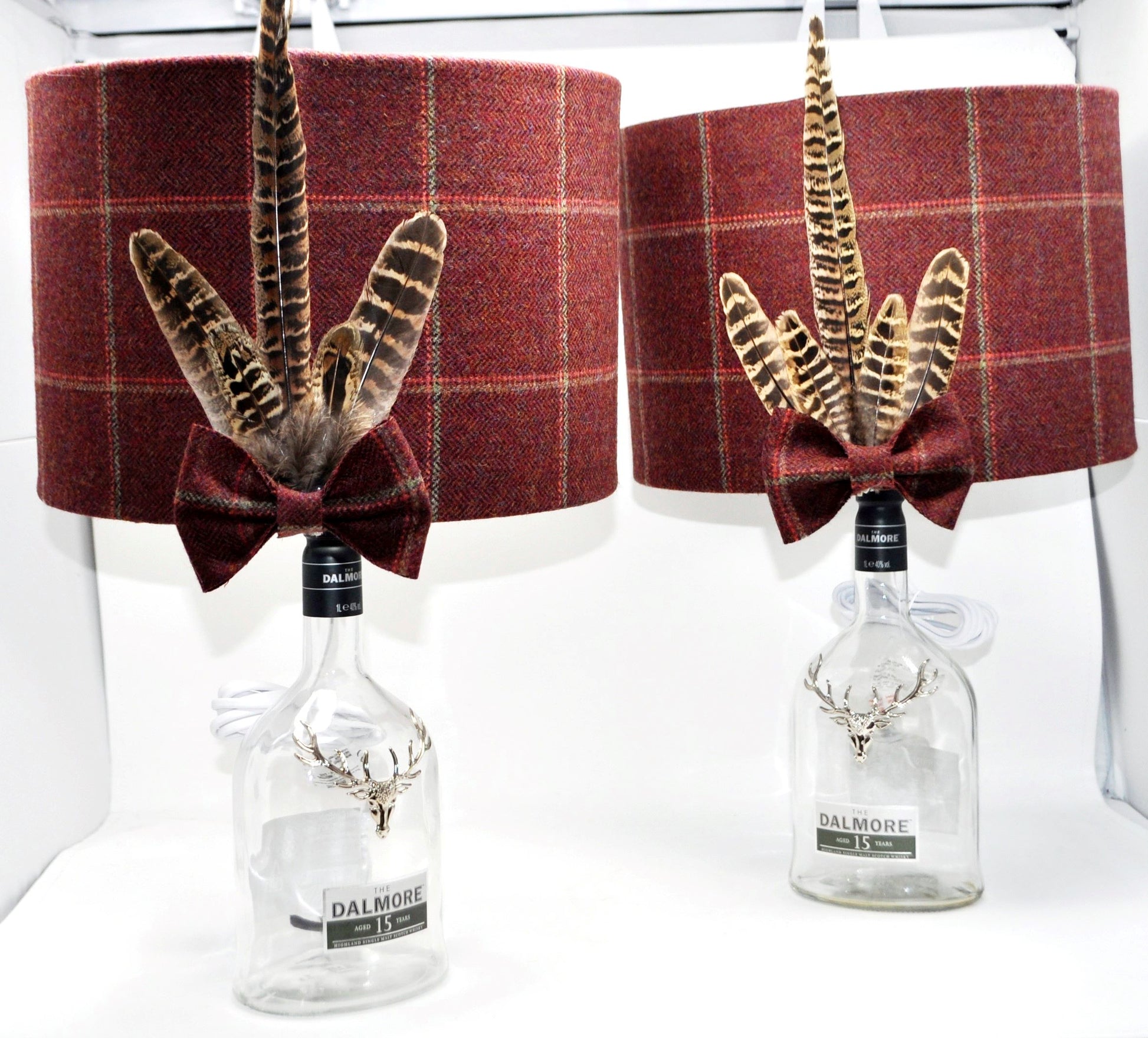 2 yorkshire tweed lampshades with Dalmore 15 bottles as lamps
