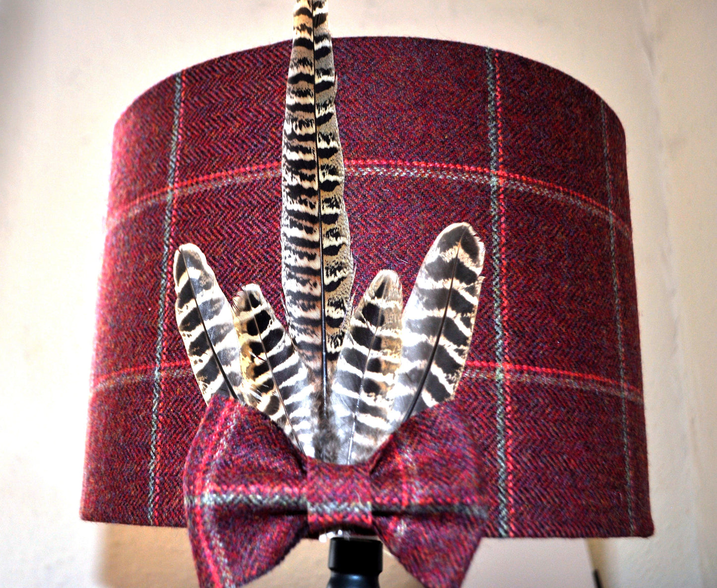 yorkshire tweed burgundy lampshade with pheasant feather detail