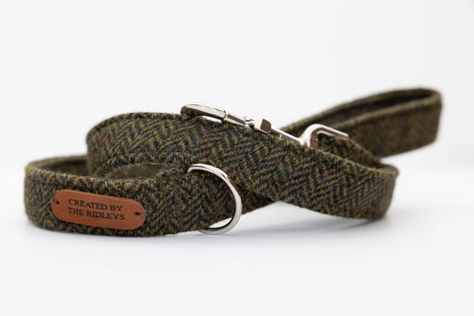 moss herringbone tweed dog lead created by the ridleys