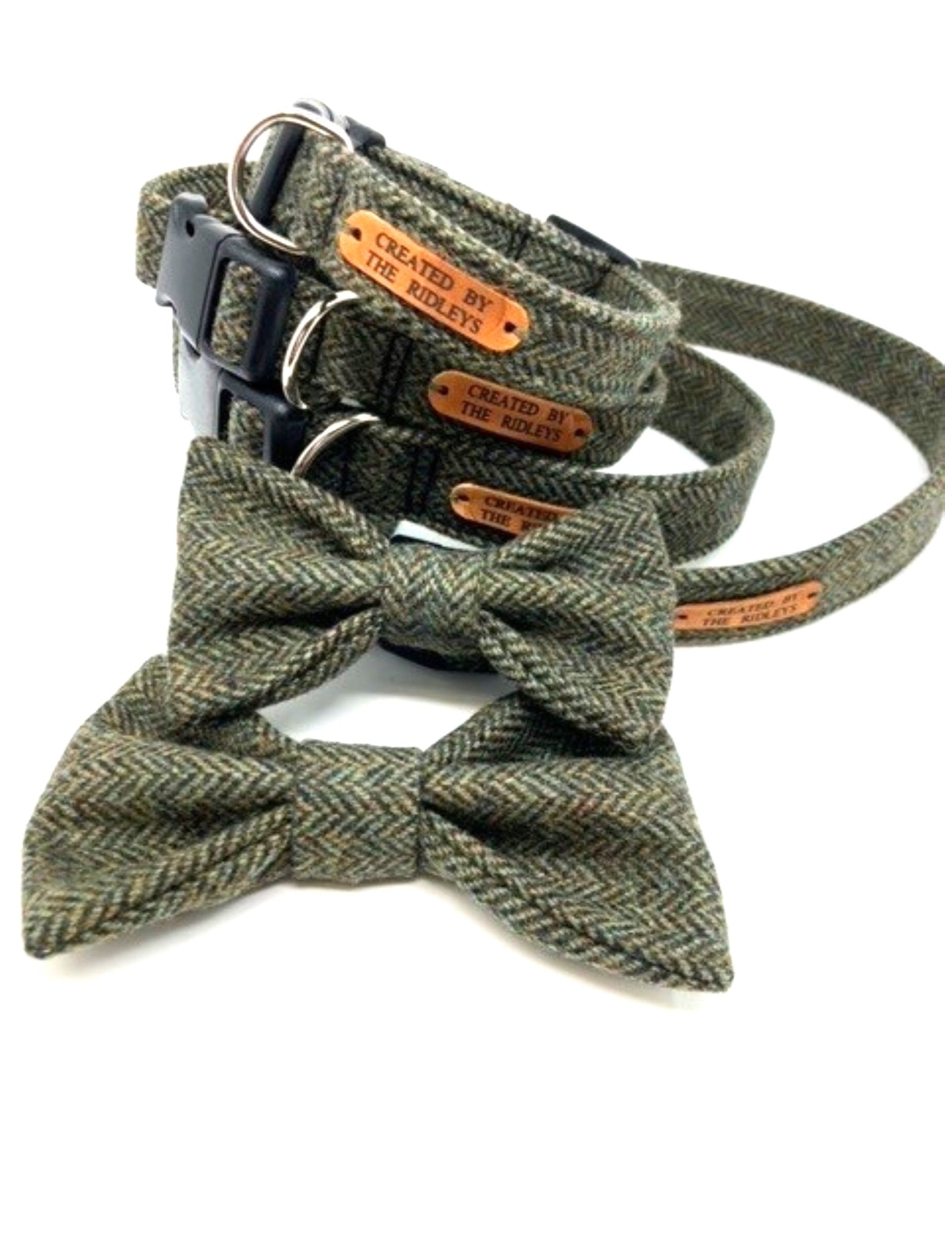 A close-up of the Handmade Moss Herringbone Tweed Dog Collar alongside a matching bow tie by Created By The Ridleys, displaying the exquisite craftsmanship and design details.
