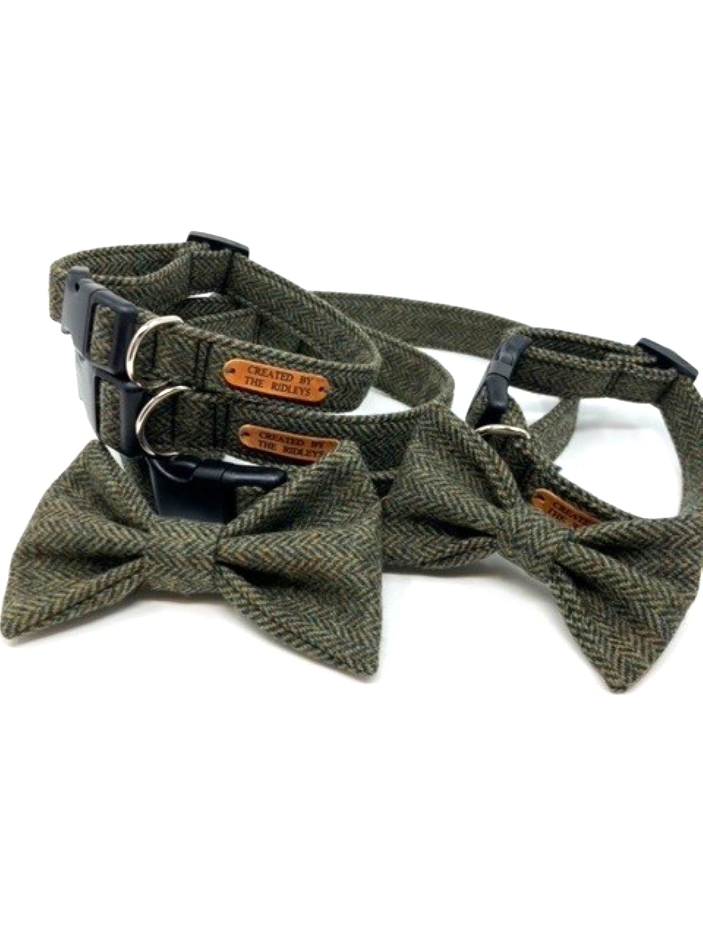 Matching Handmade Moss Herringbone Tweed Dog Collar with Bow Ties and Leads by Created By The Ridleys, perfect for stylish pet owners.