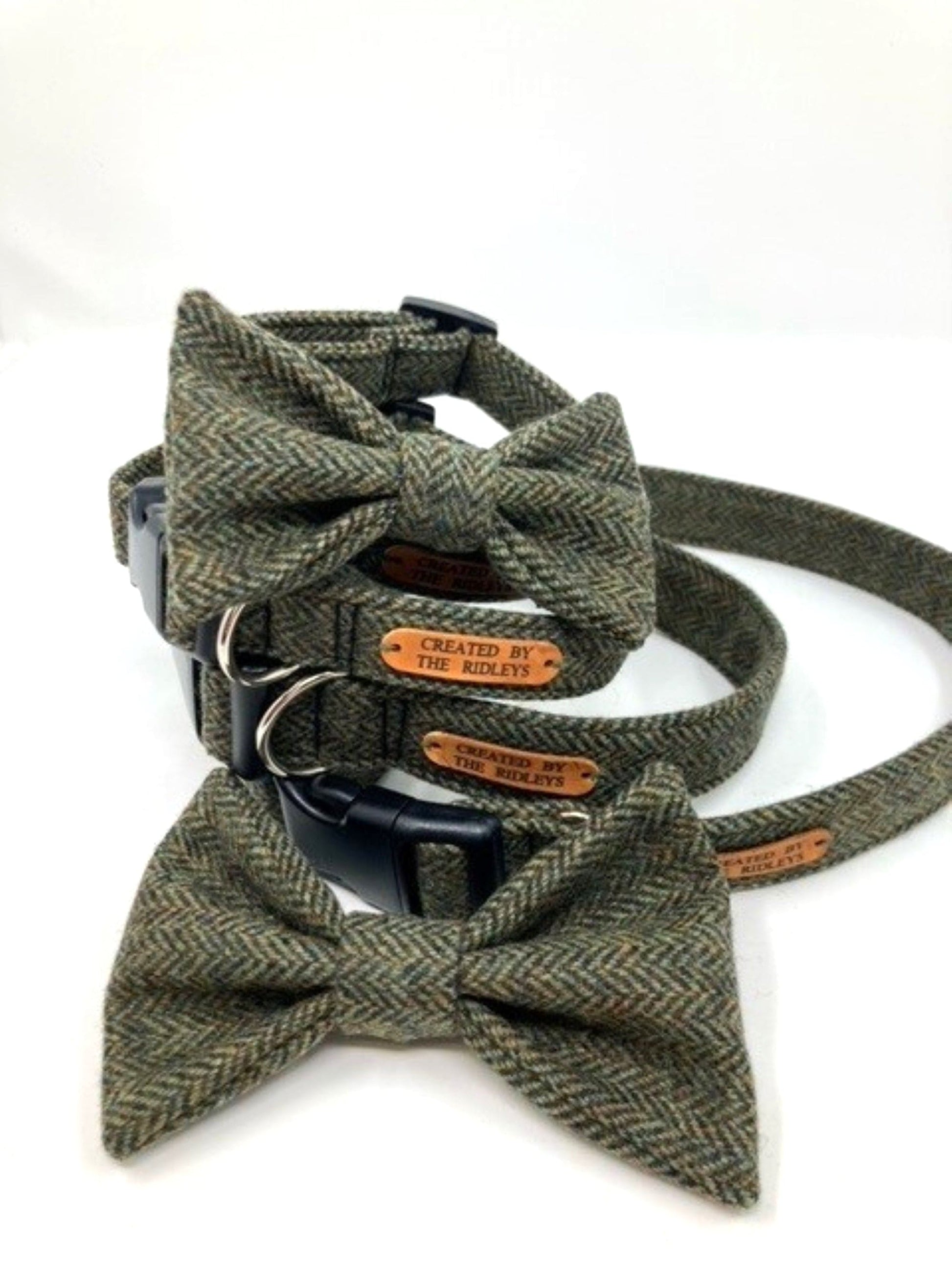 Handmade Moss Herringbone Tweed Dog Collar with Bow Ties by Created By The Ridleys, ideal for elegant dogs and special occasions.