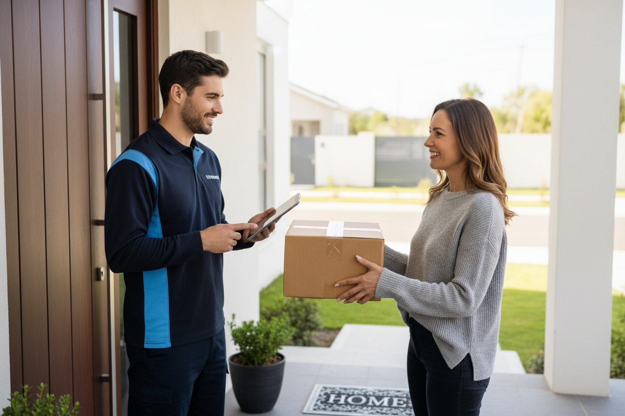 a courier handing over a package to a lady