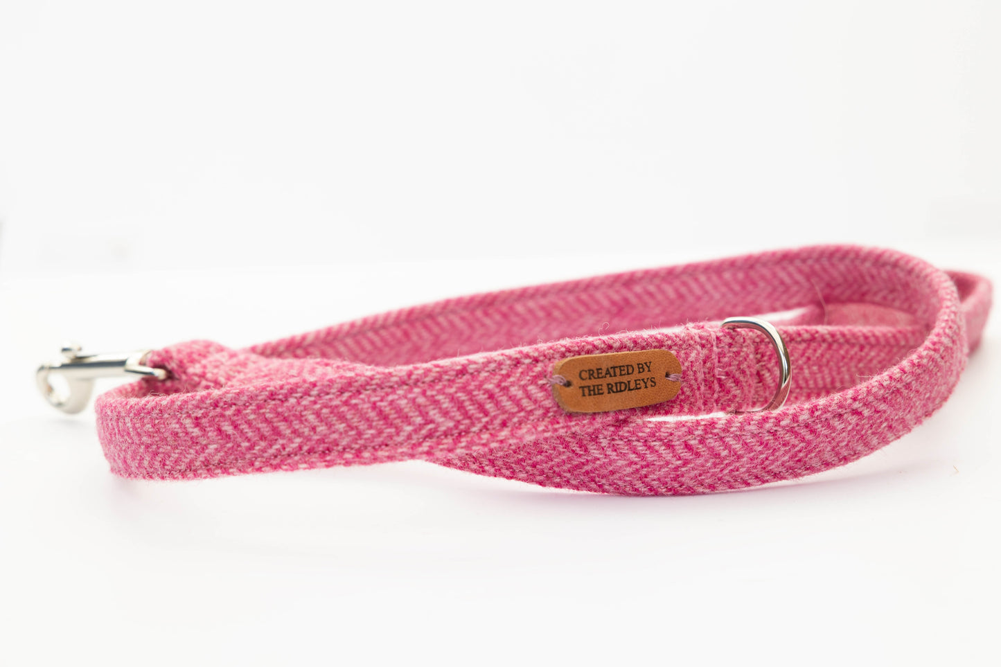pink herringbone tweed dog lead created by the ridleys