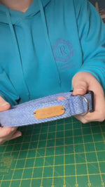 Durable Blue Tweed Dog Collar - Handmade Herringbone Design with Contoured Buckle, Multiple Sizes