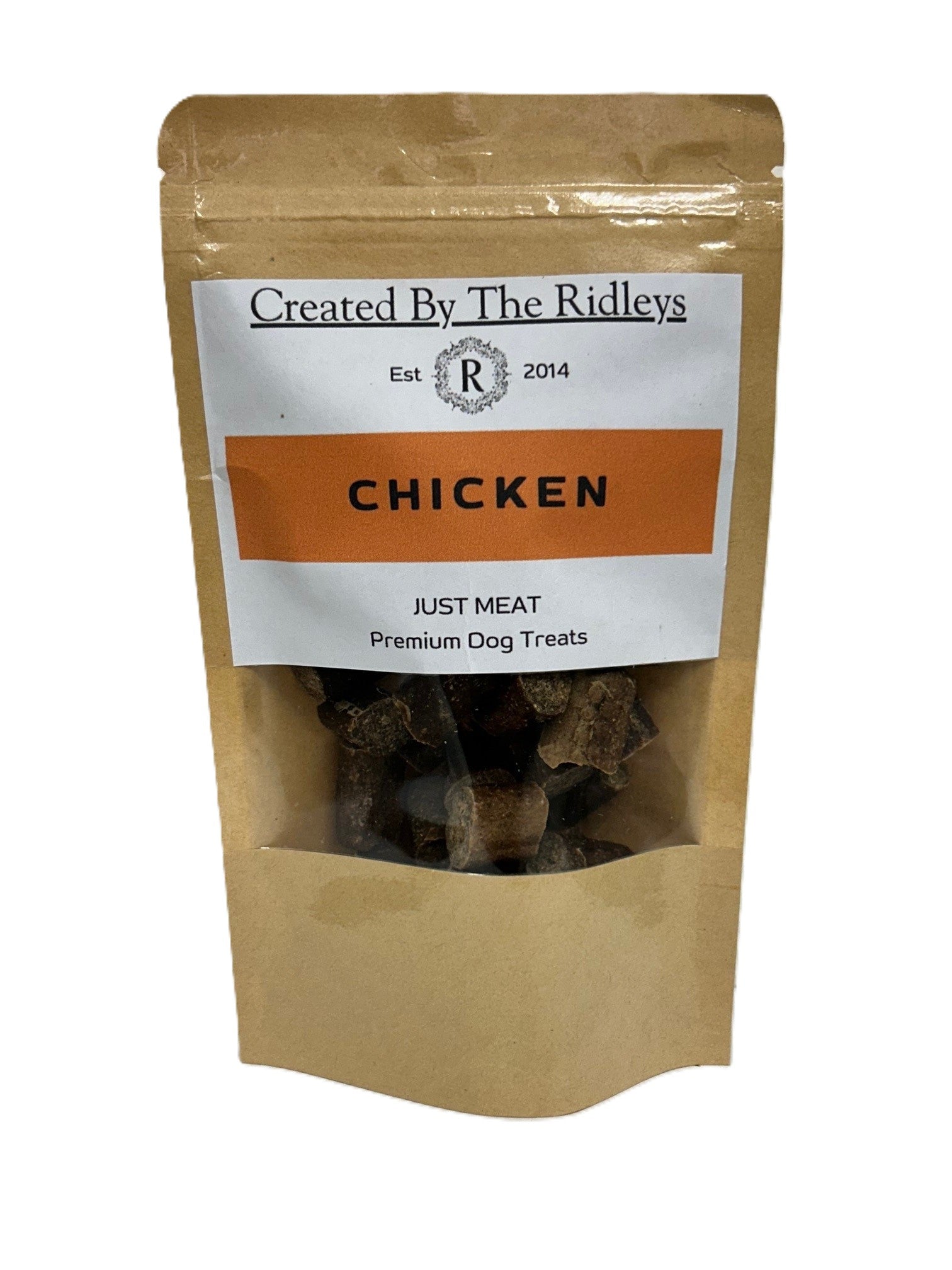 Kraft paper packaging of chicken dog treats with a visible brand label on a white background