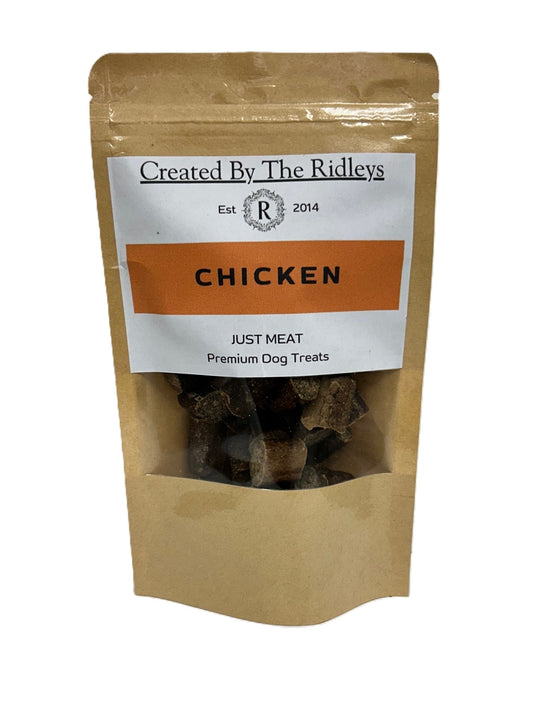 Kraft paper packaging of chicken dog treats with a visible brand label on a white background