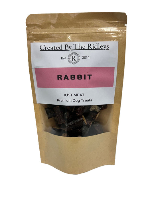 Bag of rabbit treats labeled 'Created By The Ridleys' on a white background