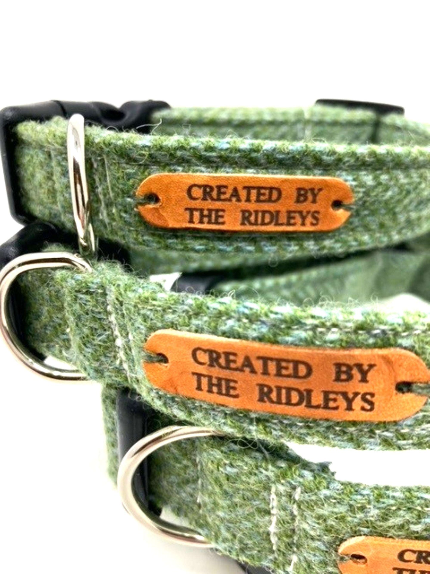 Another view of Handmade Green Herringbone Tweed Dog Collars showcasing the leather branding by Created By The Ridleys, perfect for chic pets.