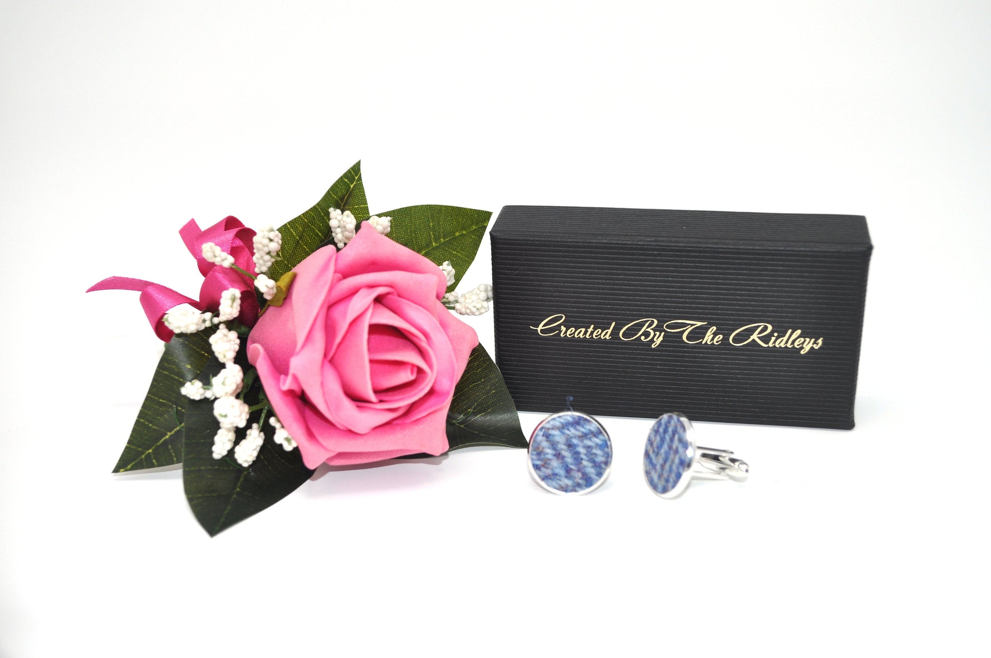 Pink rose corsage with blue tweed cufflinks and luxury gift box, handmade British accessories