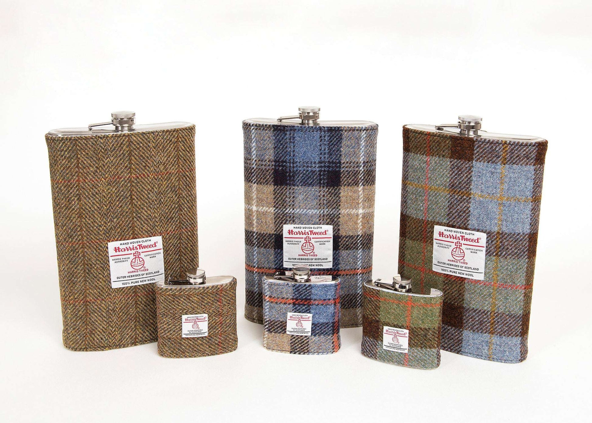 Harris Tweed flasks in classic plaid patterns, handmade with 100% pure new wool, perfect for country gifts