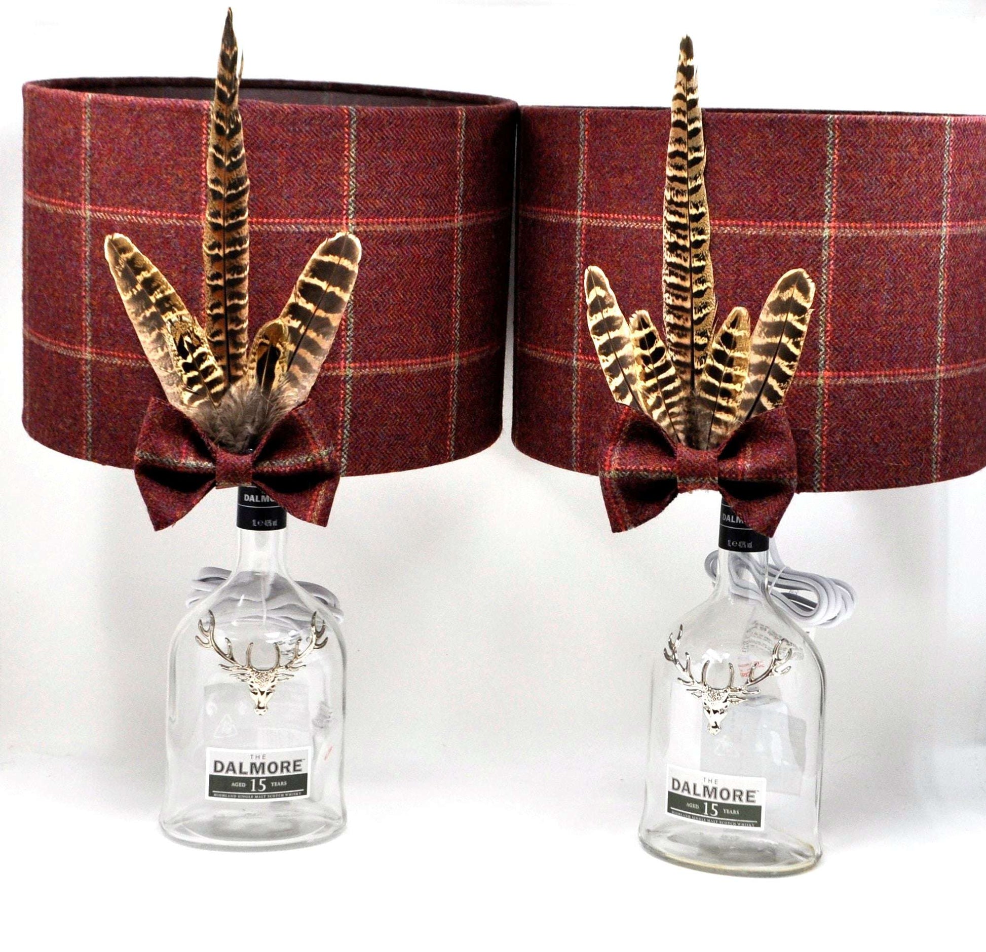 Stylish Yorkshire Tweed Lampshades adorned with Pheasant Feathers, handcrafted by Created By The Ridleys. Available in 20cm and 30cm sizes, perfect for enhancing your home decor.